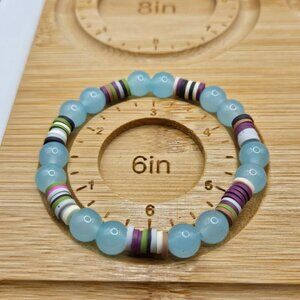 Colorful Beaded Stretch Bracelet With Light Blue Glass Beads & Multicolor Vinyl